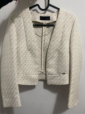 Cream Textured Open-Front Cropped Blazer